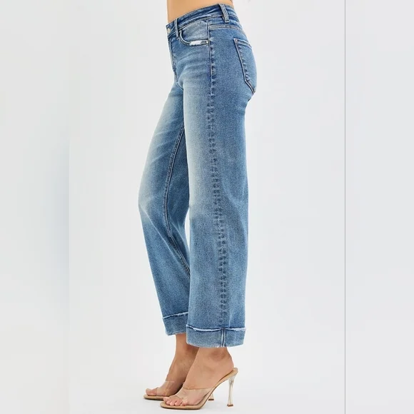 Risen Mid Rise Medium Wash Straight Cropped Tailored Cuff Jeans Various NEW - Picture 4 of 6